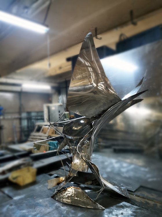 Stunning stainless steel welded large scale sculpture Space bird about flying brutalist deconstructivism by master Kloska