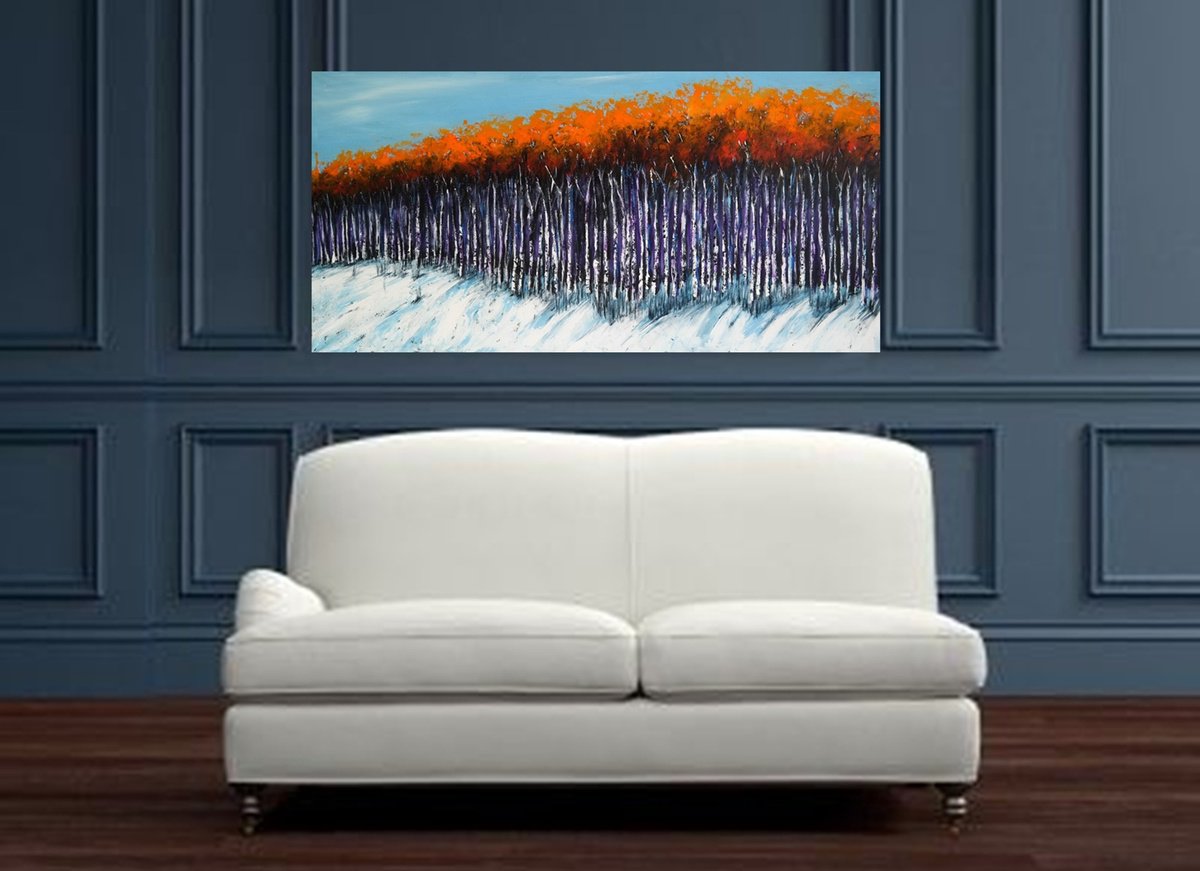 Impressionistic Landscape Acrylic Painting By Danijela Dan, 55 X 27, Aspen Winter, Original Artwork