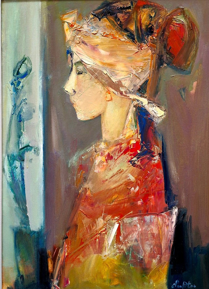 Abstract Portrait Oil Painting By Matevos Sargsyan, 17 X 23", Portrait In Warm Light, Original Artwork