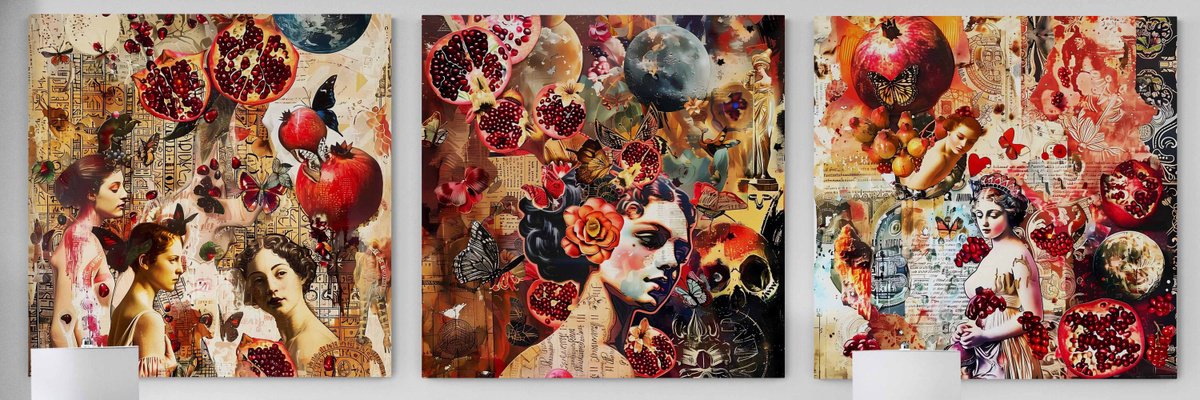 300 x 100 cm art Women and pomegranates. Colorful simbolic abstract huge artwork from 3 pi... by BAST