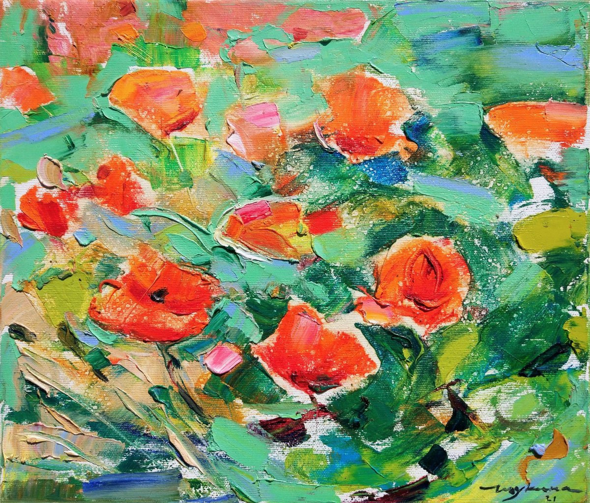 Impressionistic Botanical Oil Painting By Helen Shukina, 14 X 12, Poppies And Summer Rain, Original Artwork