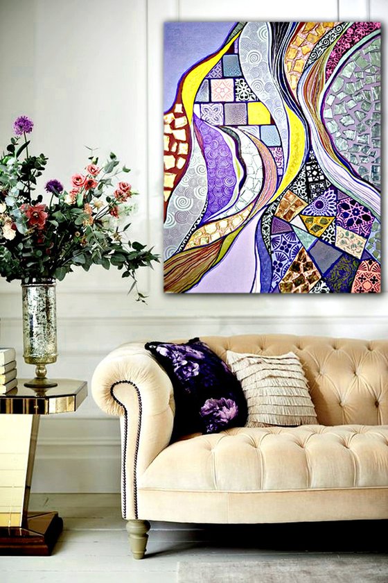 Colorful large abstract painting. Purple lilac silver gold Oriental wall art