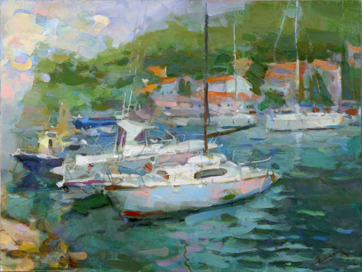 Expressive Oil Painting , Boats By Eugene Segal, 31 X 24, Artwork For Sale On Artfinder