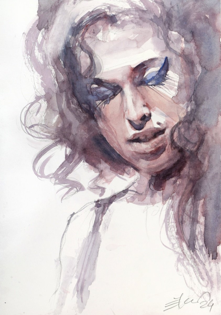 Expressive Portrait Watercolour By Goran Zigolic Watercolors, 12 X 17, Amy,Amy,Amy!, Original Artwork