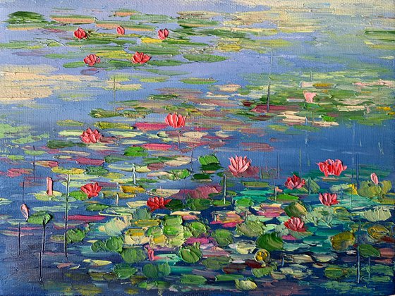 Pink Water lilies pond ! Oil painting on ready to hang canvas
