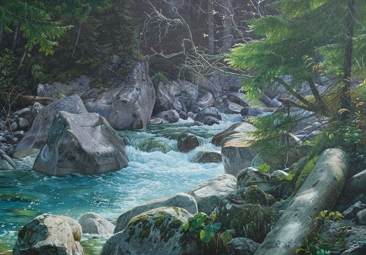 Photorealistic Landscape Oil Painting By Mlynarcik Emil, 28 X 20", Sound Of The Mountain Stream, Original Artwork