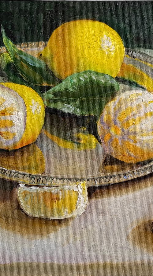 Lemon fruit slices on metal tray still life by Leyla Demir