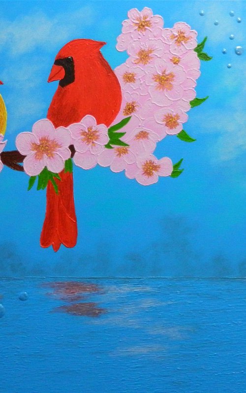 Mozart´s Trill  - semi abstract landscape, cardinal birds, flower blossoms and bubbles by Liza Wheeler