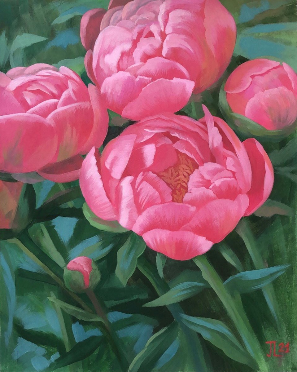 Peony bloom acrylic painting flower bloom gift for her floral art by Julia Logunova