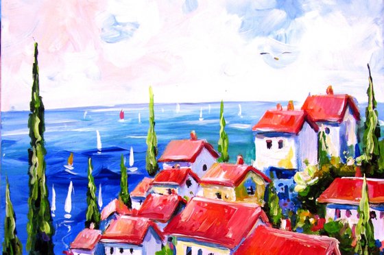 Village with lavender field