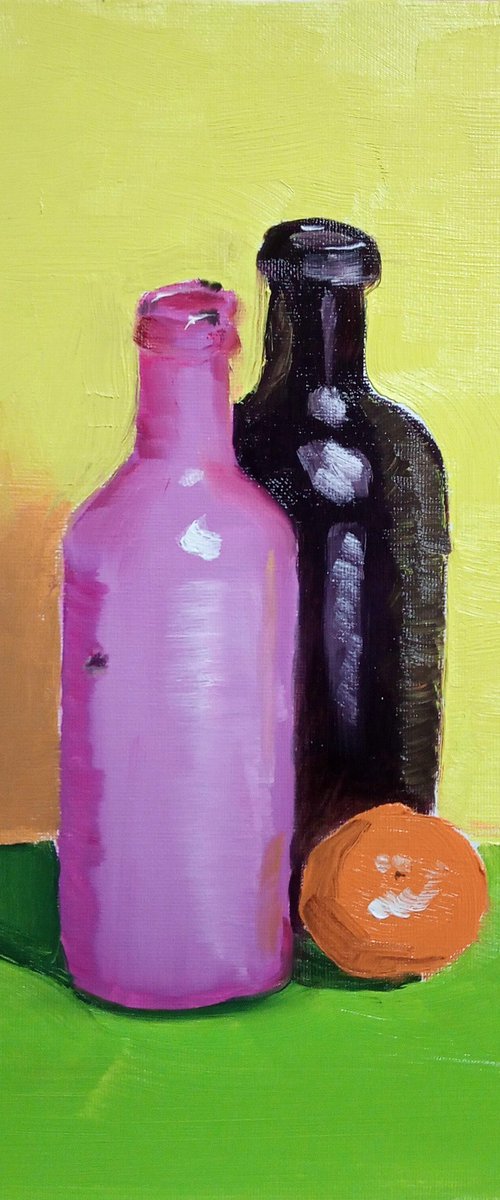 Colourful still life with two bottles and an orange tangerine by Dmitry Fedorov