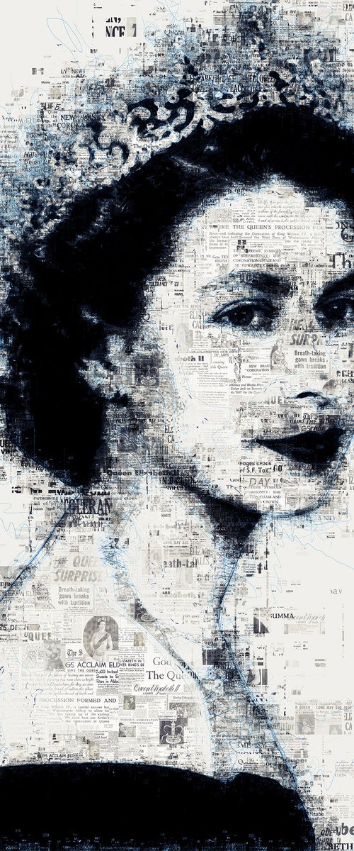 Queen Elizabeth II - Coronation Jubilee Newspapers Collage Blue Pen Drawing by Jakub DK - JAKUB D KRZEWNIAK