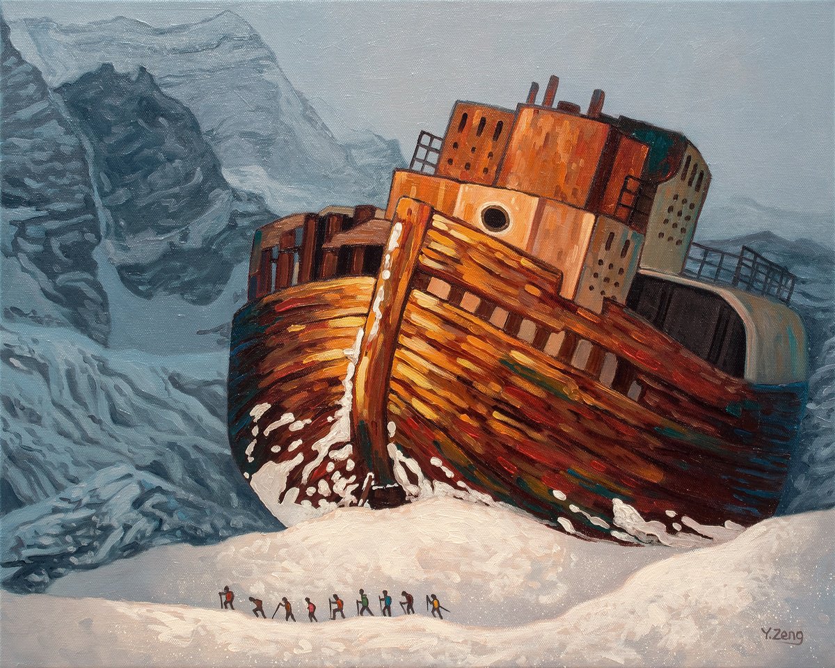Surrealistic Landscape Oil Painting By Yue Zeng, 20 X 16", Snow Mountain Shipwreck, Original Artwork