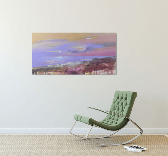 Bright horizontal painting - "Violet sunset" - Landscape - Expressionism - Seascape - Sunset