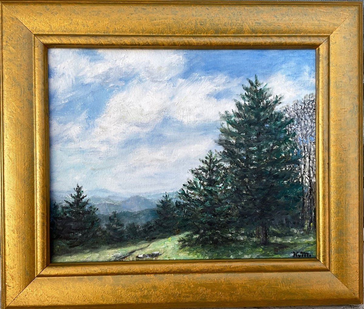 Impressionistic Landscape Oil Painting By Kathleen Mcdermott, 13 X 11", Hilltop Pines, Original Artwork