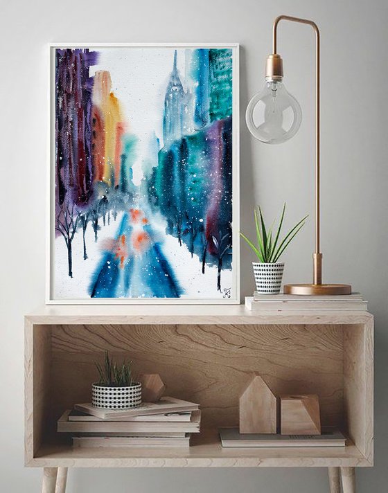 Snowy New York watercolor painting, original abstract cityscape, winter Manhattan