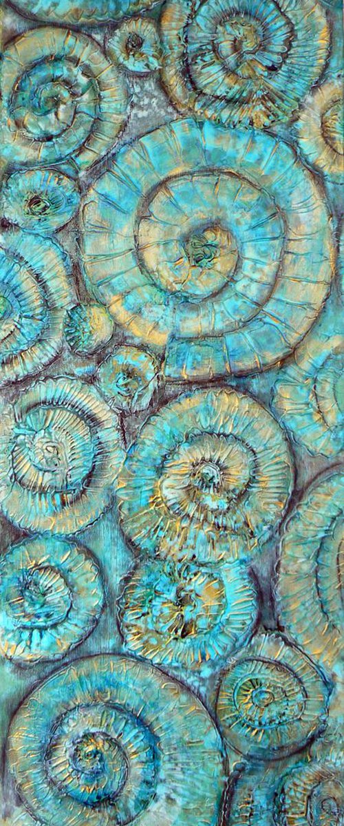 Turquoise Ammonites (textured fossil artwork, ready to hang) by Carolynne Coulson