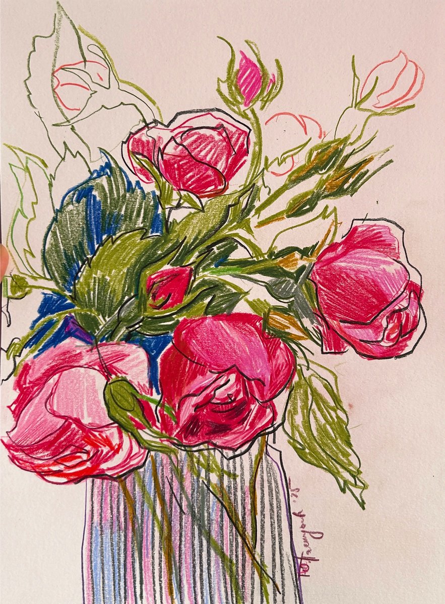 Impressionistic Botanical Pencil Drawing By Yuliia Pastukhova, 8 X 11", Roses Sketch Colored Pencils, Original Artwork