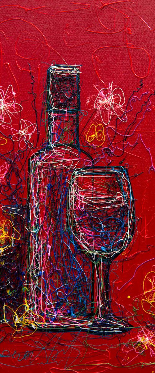 2 Colorful Wine Art   Abstract  (11”X 17”X0.5"  -  inspired by Pollock ) by Lena Owens at OLena Art