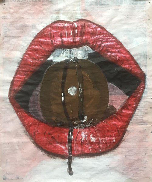 Lips Study III Red Lips Mouth Open Woman Face Portrait Original Artwork Realistic Lips Art For Sale Buy Art Now Free Delivery 36x27cm Newspaper Painting by Kumi Muttu