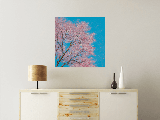 Cherry blossom dances in the blue, blue sky | 76cm x 76cm