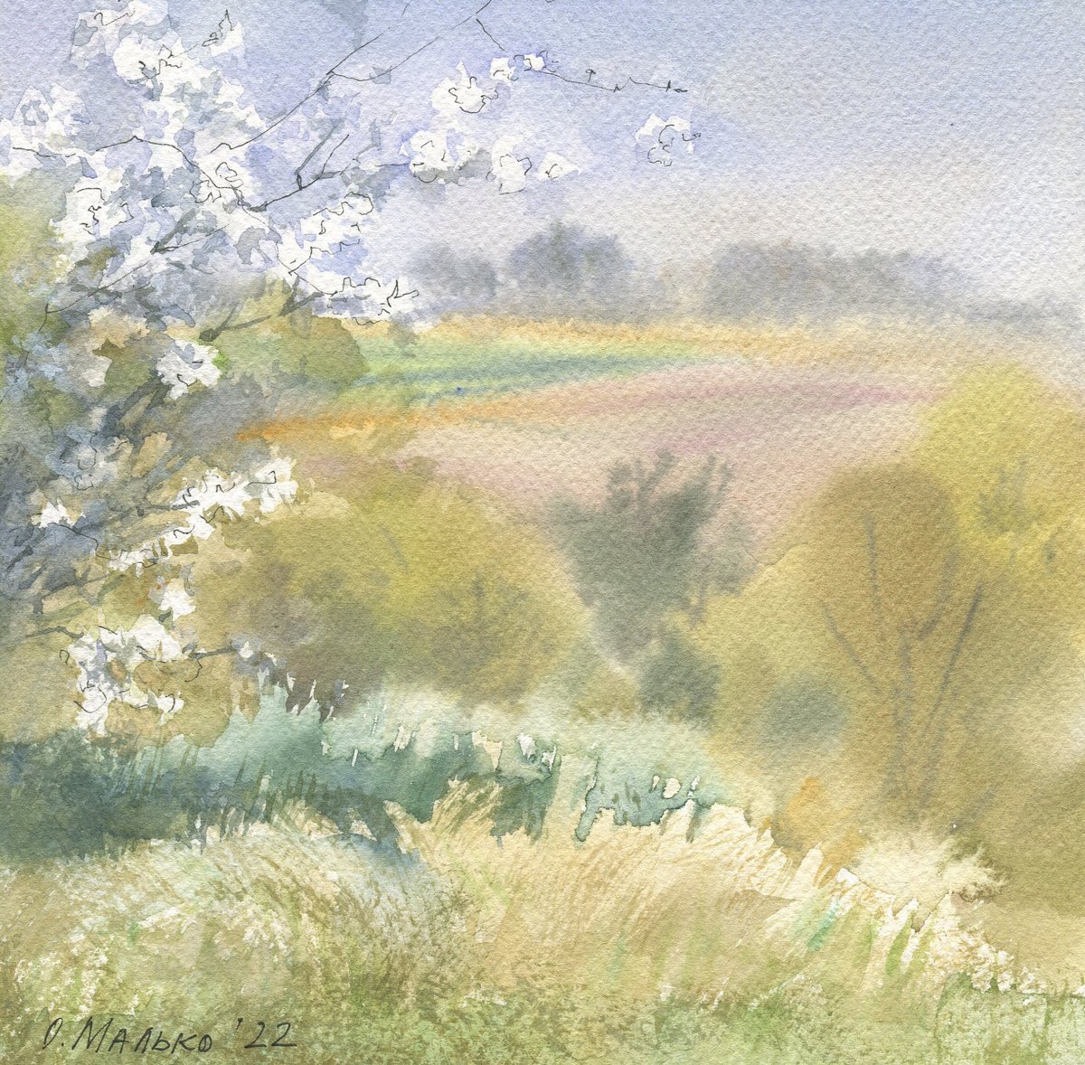 Spring view with blossoming branches / Original watercolor Warm tones Gift picture Small s... by Olha Malko