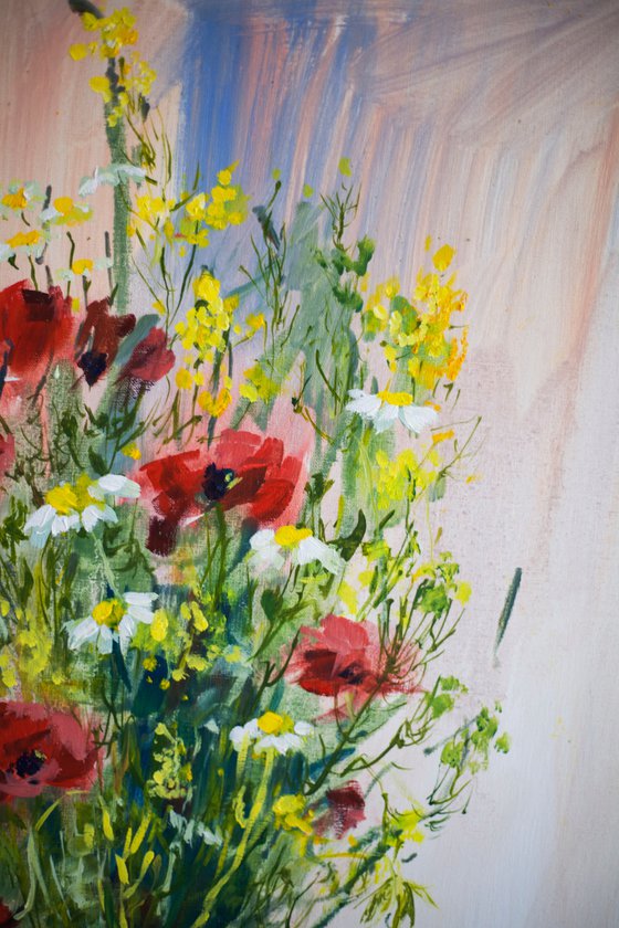 Poppies and camomiles. Summer bouquet in a studio. Bright colors medium size interior abstract flowers red yellow tender