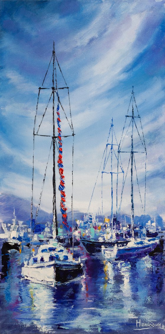 "Yachts in the harbor" ships, seascape