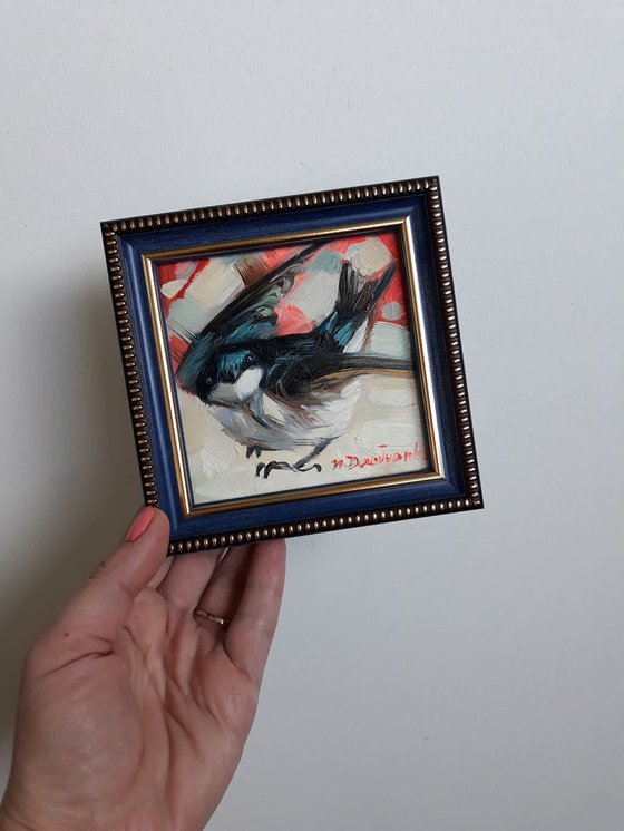 Swallow in flight small oil painting in frame