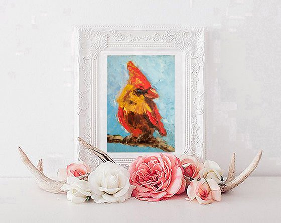 Cardinal Painting Original Art Yellow Red Bird Artwork Small Wall Art Home Decor