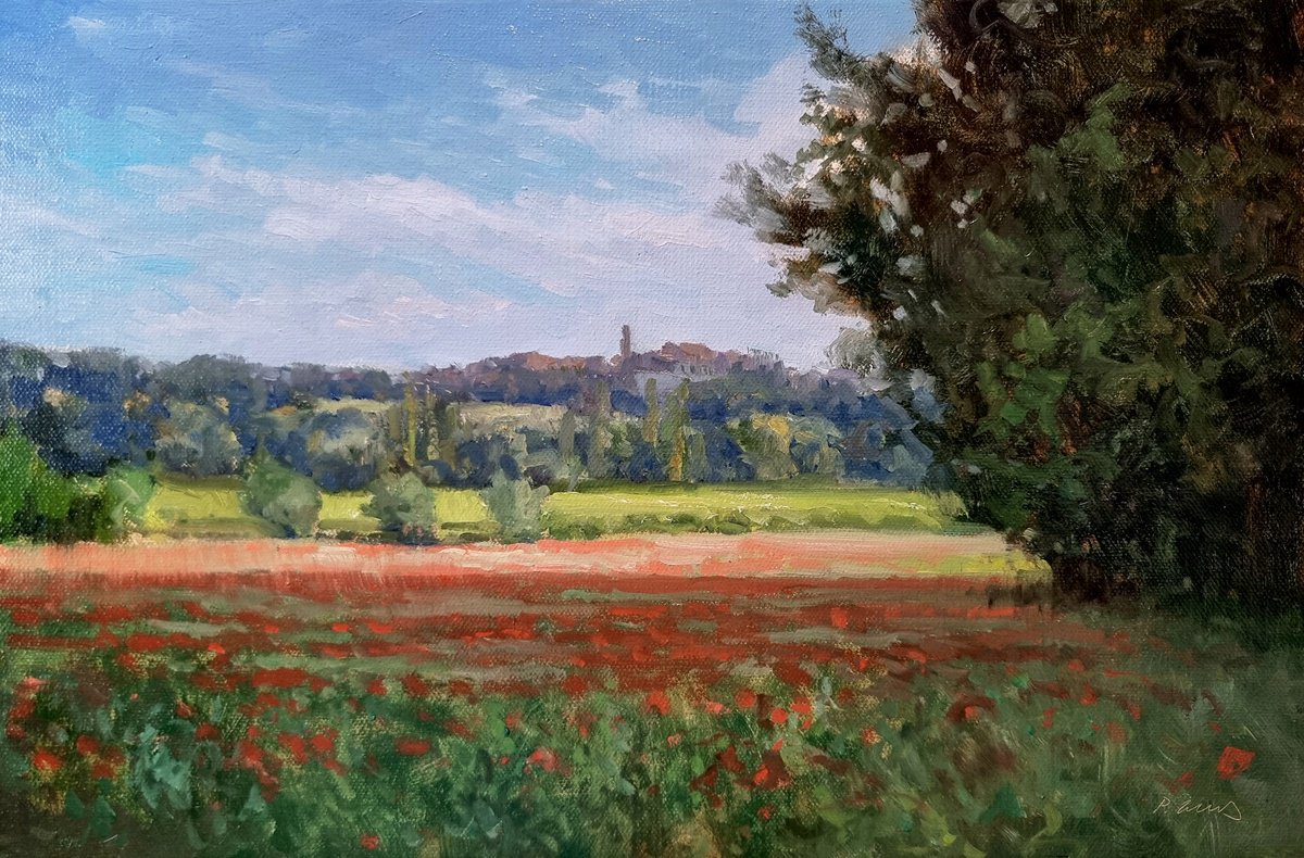 Impressionistic Landscape Oil Painting By Pascal Giroud, 16 X 11", Coquelicots Dans Le Luberon, Original Artwork