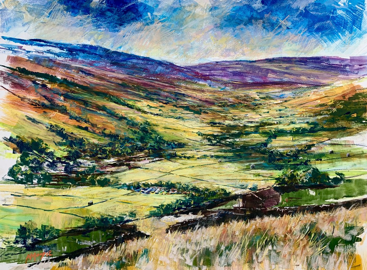 Impressionistic Landscape Drawing By Andrew Moodie, 24 X 18, Swaledale Valley, Original Artwork
