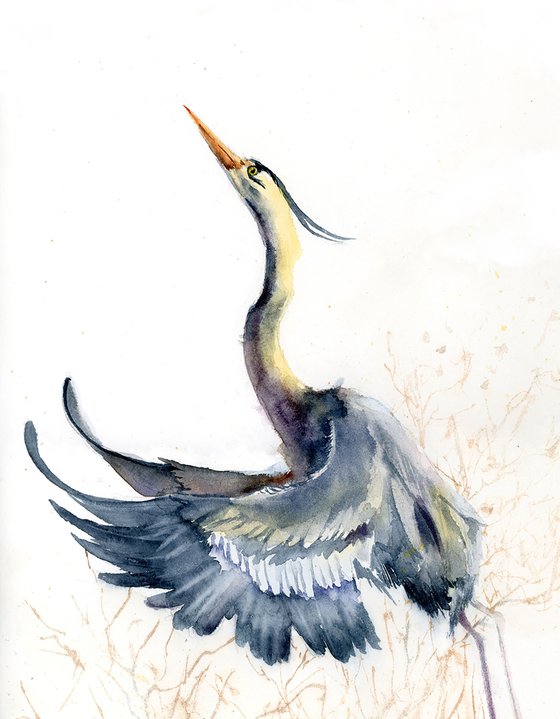 Flying Heron  -  Original Watercolor Painting