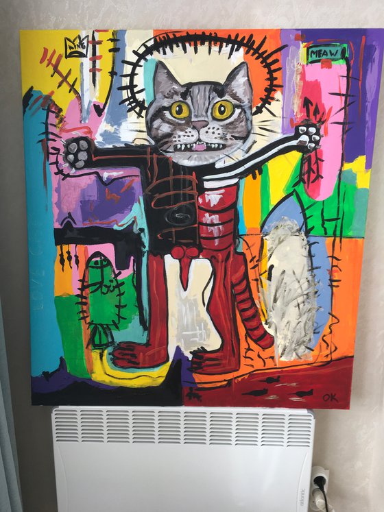 Red Cat Troy King, (102 x 91cm, 40 x 36 inches ) version of painting by Jean-Michel Basquiat  Untitled GLOW IN THE  DARK