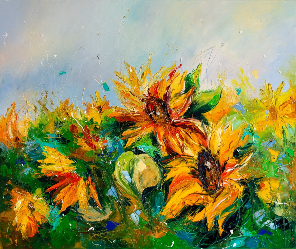 Impressionistic Botanical Oil Painting By Liubov Kuptsova, 24 X 20", Sunflowers, Original Artwork