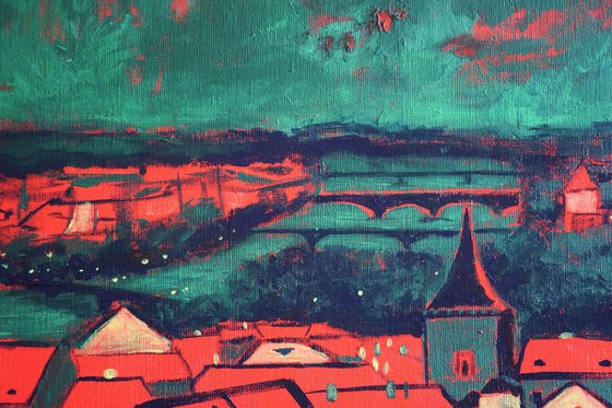 Big acrylic painting Red roofs of Prague, green and red