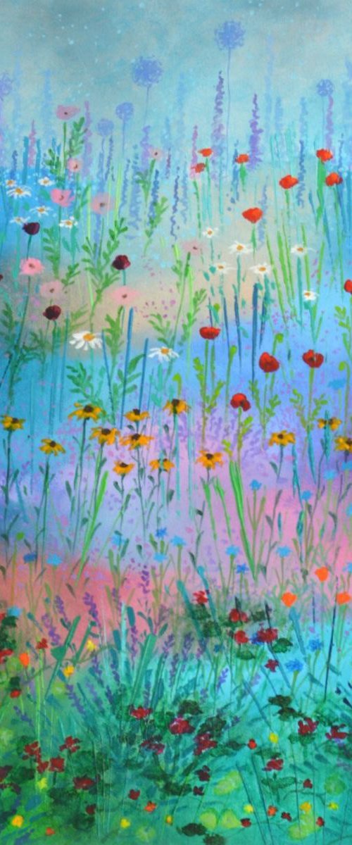 Meadow Garden - poppies, daisies, lavender, lupins and geraniums by Lisa Mann