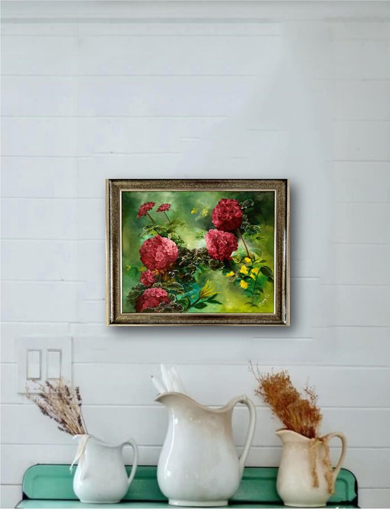 One of a kind oil painting of a Geranium flower bed arranged on an abstract 16x20 fully framed