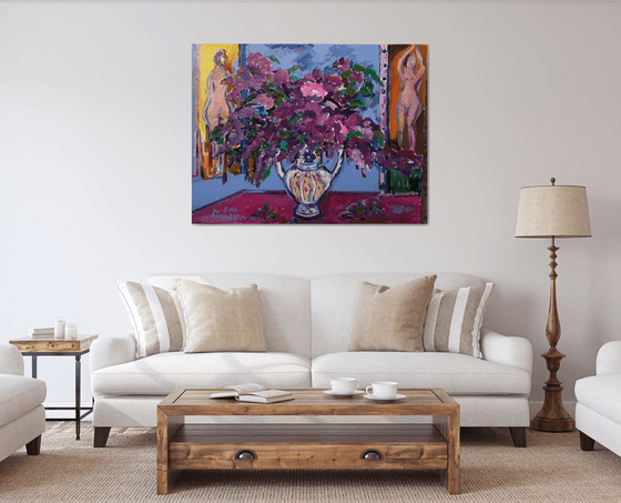 LILAC MORNING - Still-life flowers in vase, original oil paining, medium size, purple flower nude, home interior office decor