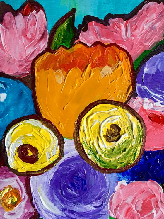 BOUQUET OF  abstract naive flowers, tulips, roses in a vase #15 palette  knife Original Acrylic painting office home decor gift