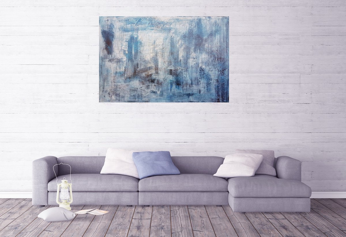 Cold breath - XL silver, blue, white abstract by Ivana Olbricht