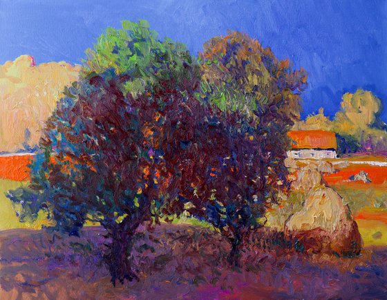 Landscape with haystack, Early evening