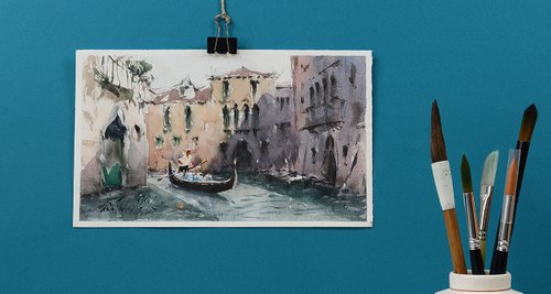 Venetian scene with gondola, original watercolout art painting. by Marin Victor