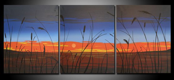 triptych landscape art "sunset lake" hand made original