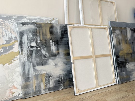 100x240cm  Black gray abstract painting. Mother-of-pearl luxury 3 set