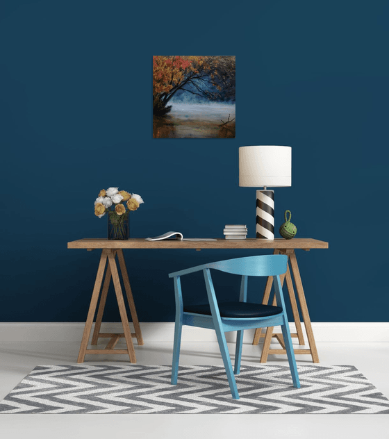 Reflection of autumn, oil painting, original gift, Autumn landscape, Landscape with foghome decor, Bedroom, Living Room, Blue, Leaves, yellow, reflection in water, Lake, Trees, Fog, driftwood, Witchcraft