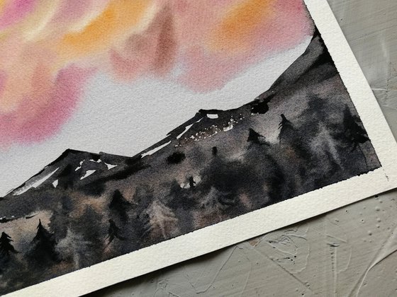 Mountain range art / Sunset clouds painting