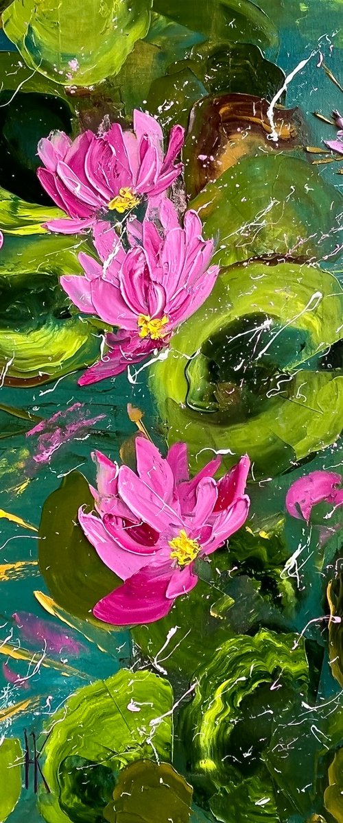 Water Lily Painting Floral Original Art Lotos Flower Oil Impasto Canvas Artwork Home Wall Art 14 by 18" by Halyna Kirichenko by Halyna Kirichenko
