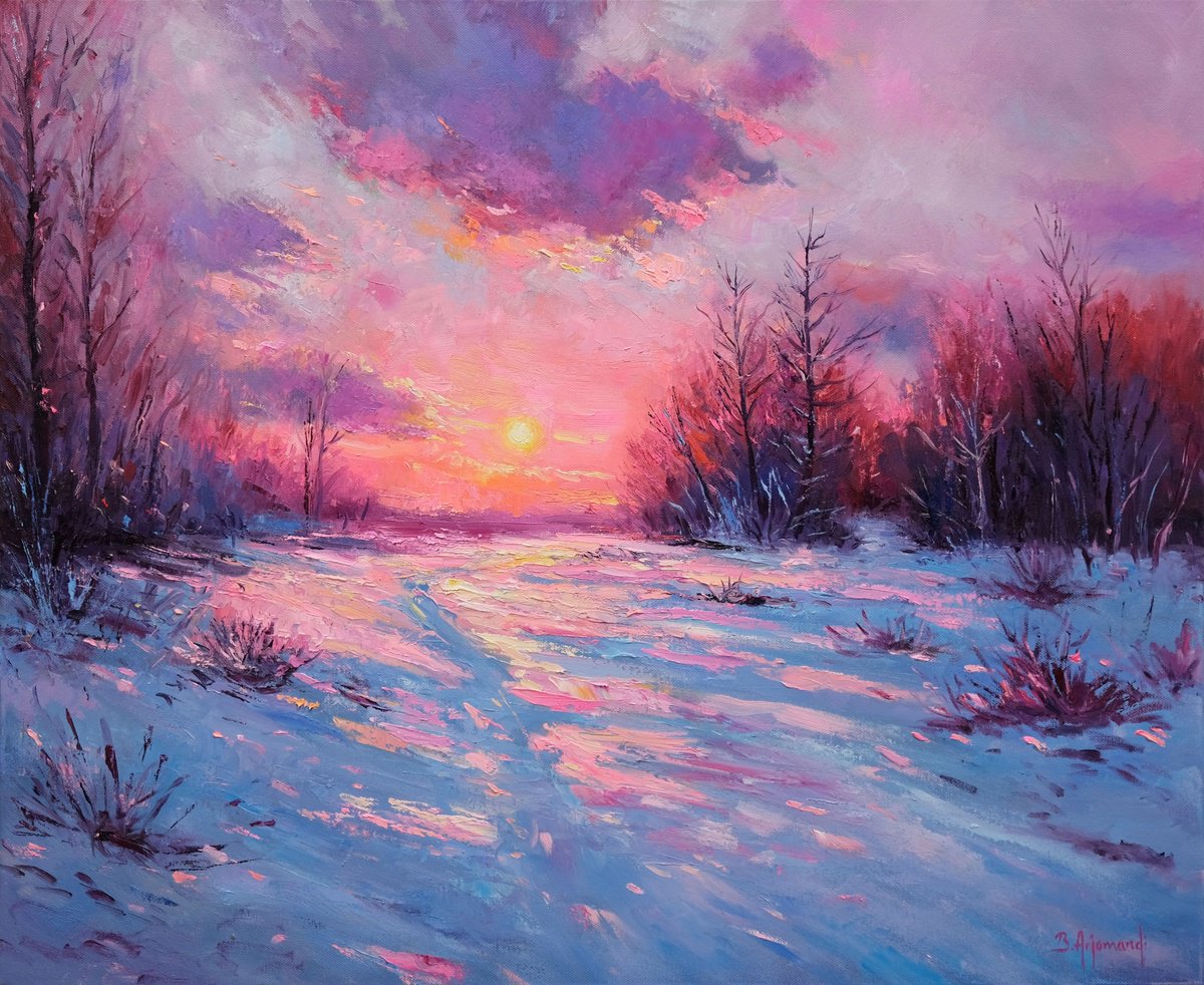 Impressionistic Landscape Oil Painting By Behshad Arjomandi, 29 X 24, Winter Sunset, Original Artwork