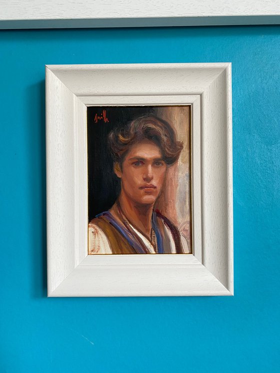 Impressionist style Male portrait oil painting, with wooden frame.